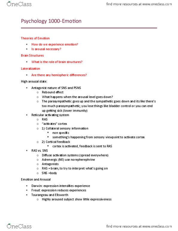 Psychology 1000 Lecture Notes - Lecture 24: Stationary Bicycle, Facial Feedback Hypothesis, Reticular Formation thumbnail