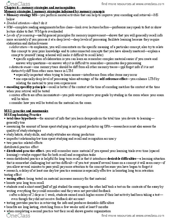 PSYC 3260 Chapter Notes - Chapter 6: Frontal Lobe, Metamemory, Prospective Memory thumbnail