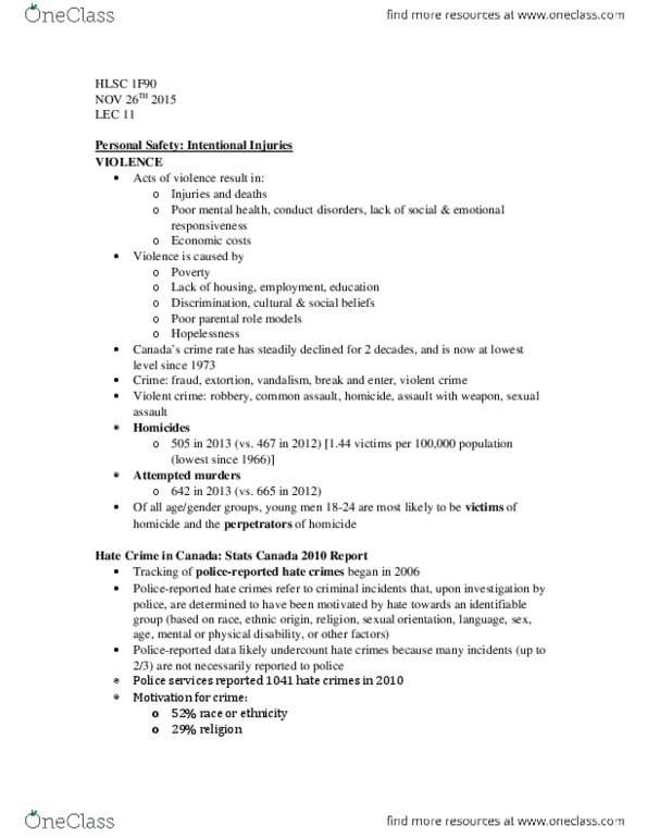 HLSC 1F90 Lecture Notes - Lecture 11: Spring Break, Homicide, List Of Universities In Canada thumbnail