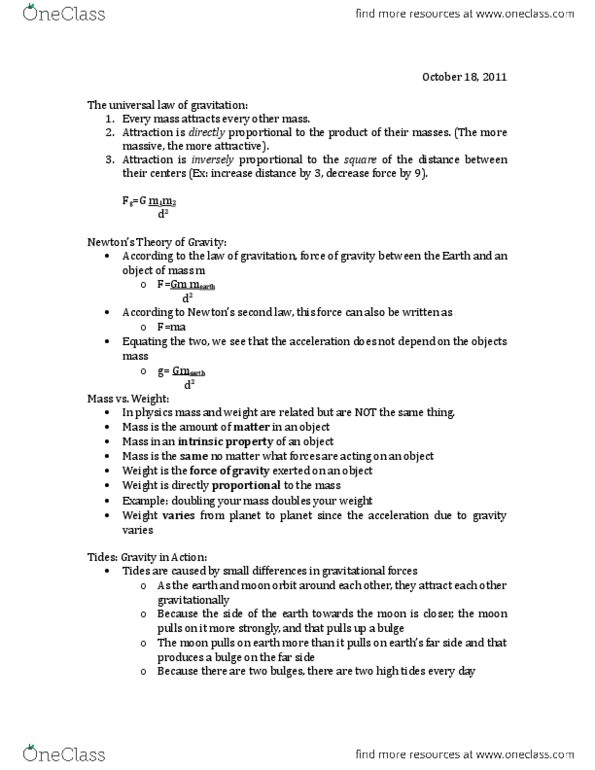 AS101 Lecture Notes - Lecture 11: Weightlessness, Escape Velocity, Ellipse thumbnail