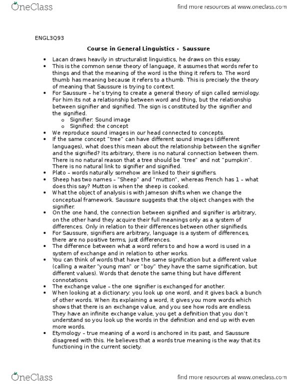 ENGL 3Q93 Lecture Notes - Lecture 11: Jacques Lacan, Semiotics thumbnail