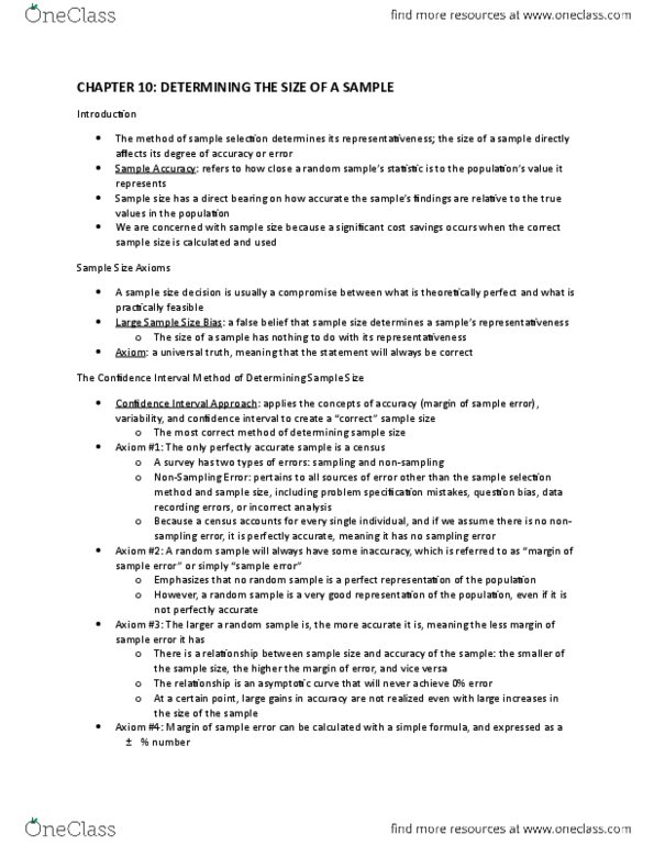 MKT 500 Chapter Notes - Chapter 10: Guesstimate, Nonprobability Sampling, Central Limit Theorem thumbnail