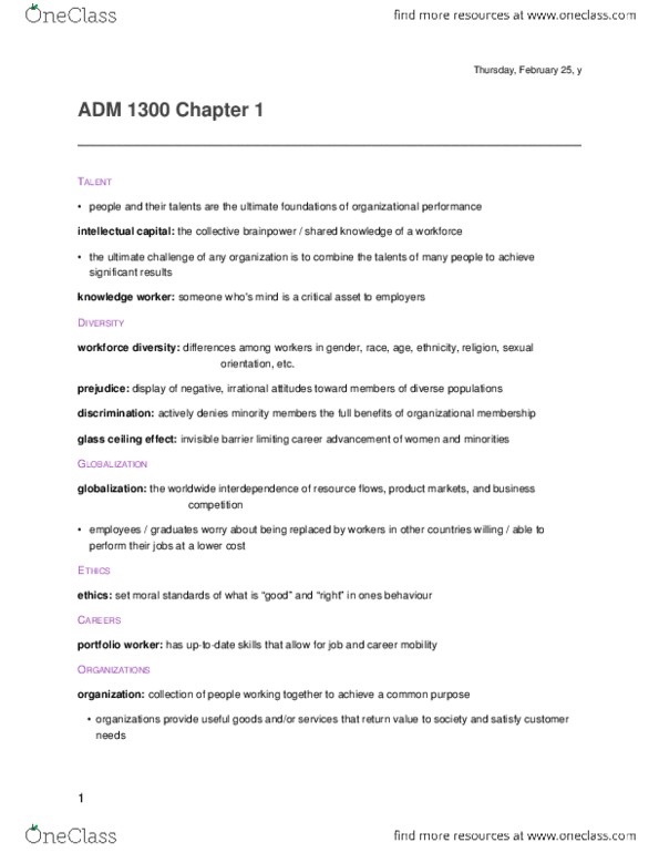 ADM 1300 Chapter Notes - Chapter 1: Uptodate, Work Unit, Glass Ceiling thumbnail