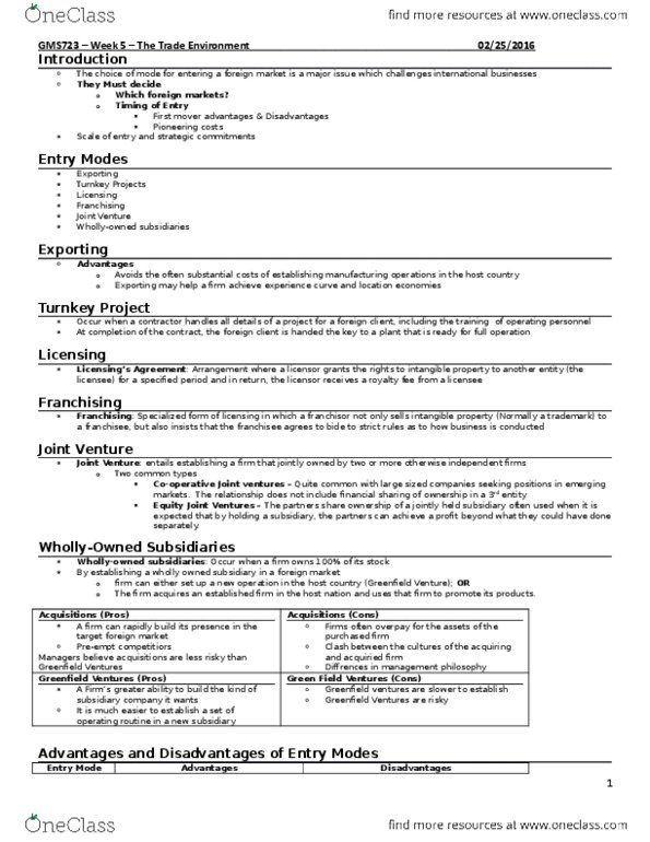 GMS 723 Lecture Notes - Lecture 5: Intangible Property, Experience Curve Effects, Franchising thumbnail