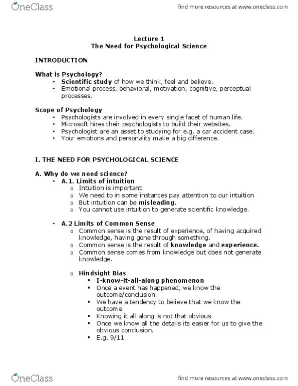PSY 1101 Lecture Notes - Lecture 1: Scientific Method, Illusory Correlation, Psychological Science thumbnail