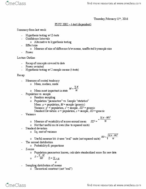 PSYC 2002 Lecture Notes - Lecture 6: Level Of Measurement, Standard Score, Null Hypothesis thumbnail