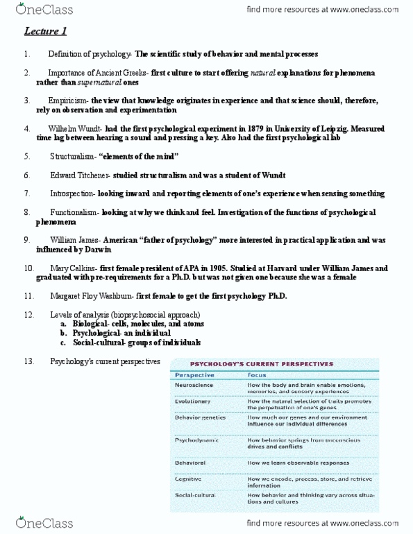 PSYCH 7A Lecture Notes - Lecture 1: Mary Whiton Calkins, Margaret Floy Washburn, Empiricism thumbnail