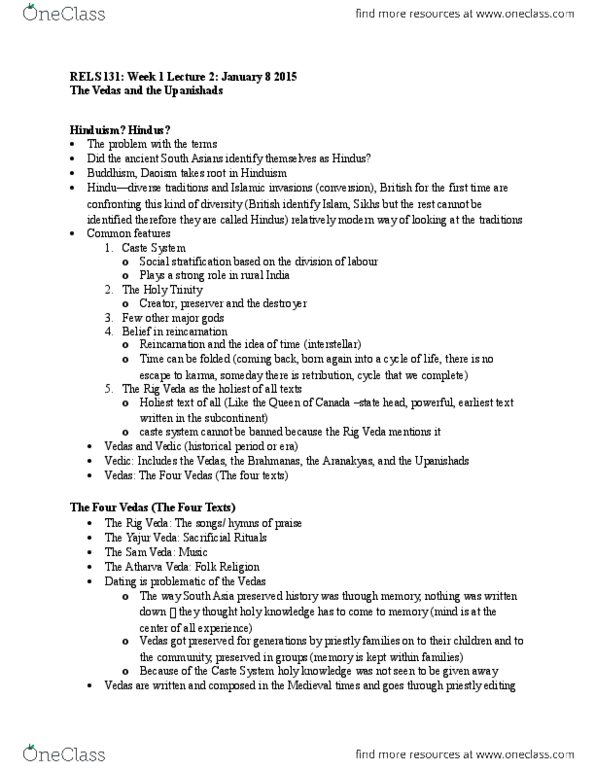 RELS 131 Lecture Notes - Lecture 2: Omen, Vaishya, Ashvamedha thumbnail