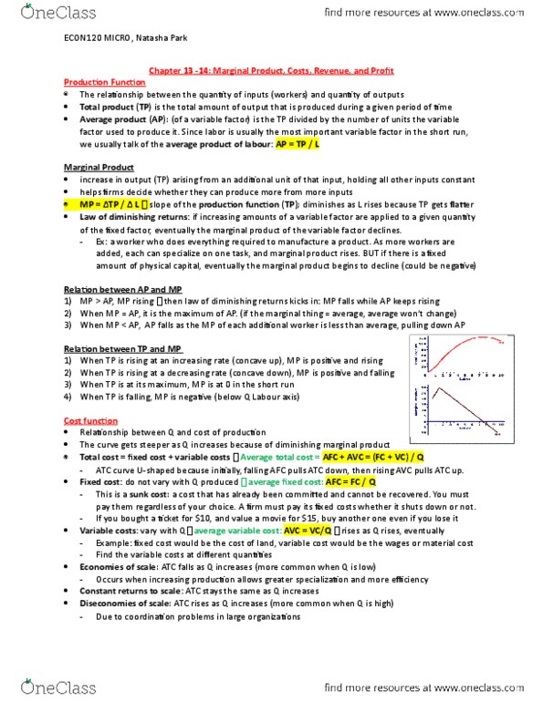 EC120 Lecture Notes - Lecture 14: Opportunity Cost, Marginal Revenue, Average Variable Cost thumbnail