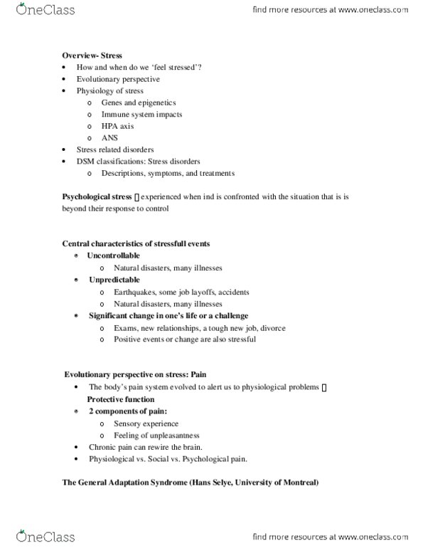 PSY240H5 Lecture Notes - Lecture 1: Stressor, Stress Management, Humoral Immunity thumbnail