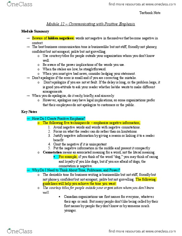 BUSI 1020U Chapter Notes - Chapter 12: Business Communication, Connotation thumbnail