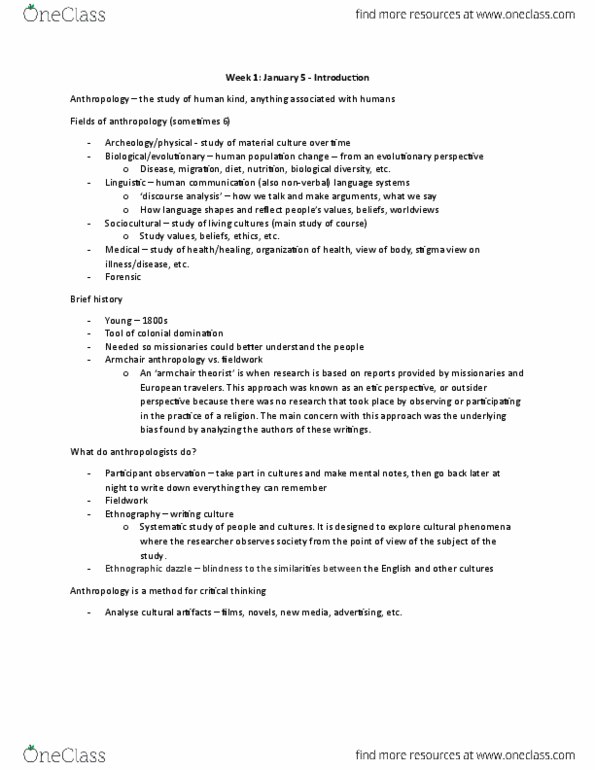 ANTA02H3 Lecture Notes - Lecture 1: Participant Observation, Emic And Etic, Discourse Analysis thumbnail