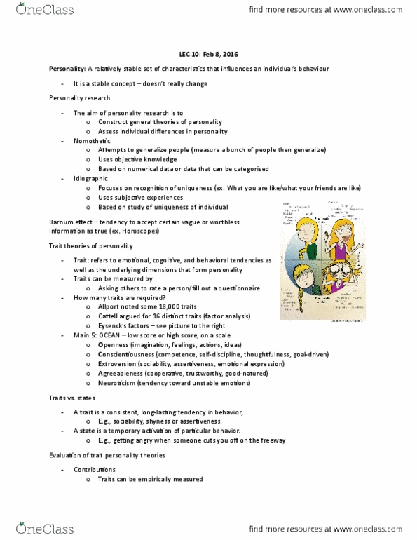 PSYA02H3 Lecture Notes - Lecture 10: Neuroticism, Extraversion And Introversion, Factor Analysis thumbnail