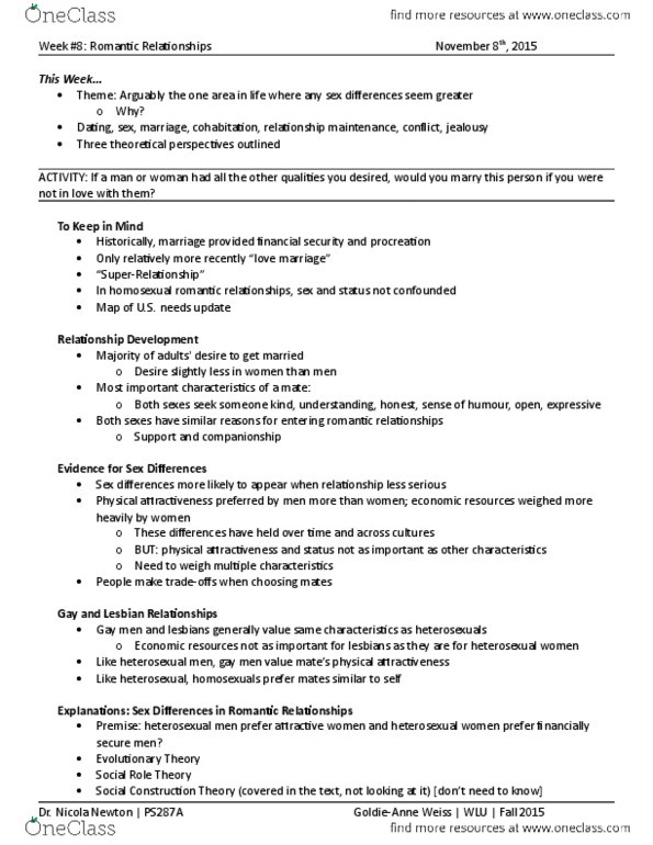 PS287 Lecture Notes - Lecture 15: Storge, Premarital Sex, Role Theory thumbnail