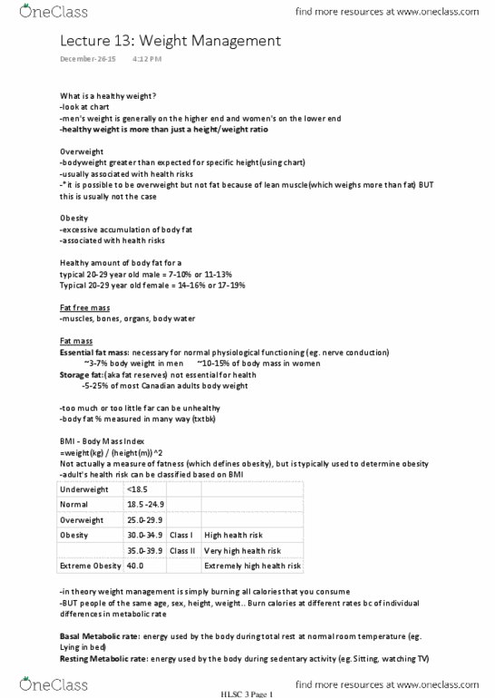 HLSC 1F90 Lecture Notes - Lecture 13: Reward System, Timbits, Leptin thumbnail