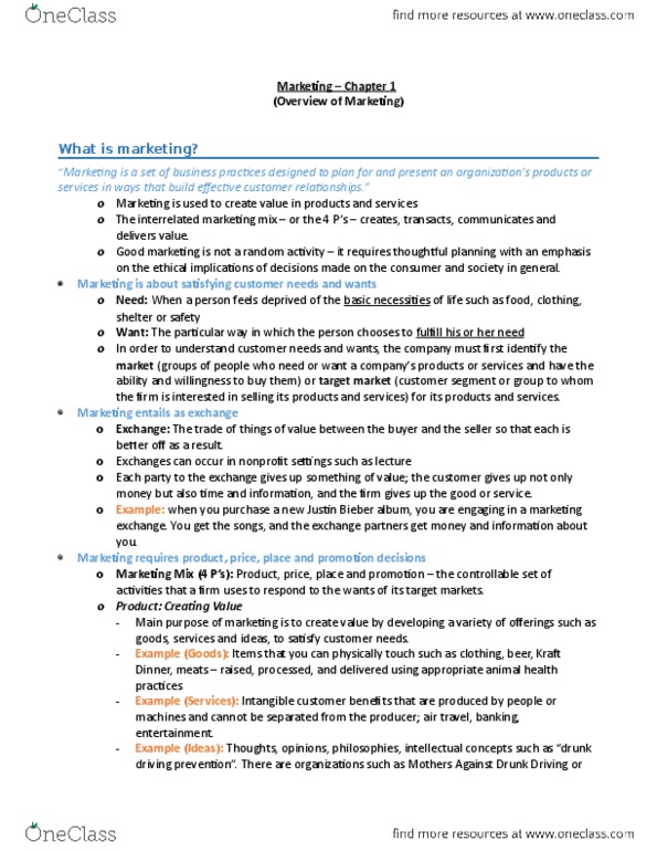 MKT 100 Chapter Notes - Chapter 1: Breast Cancer Awareness, Customer Relationship Management, Marketing thumbnail