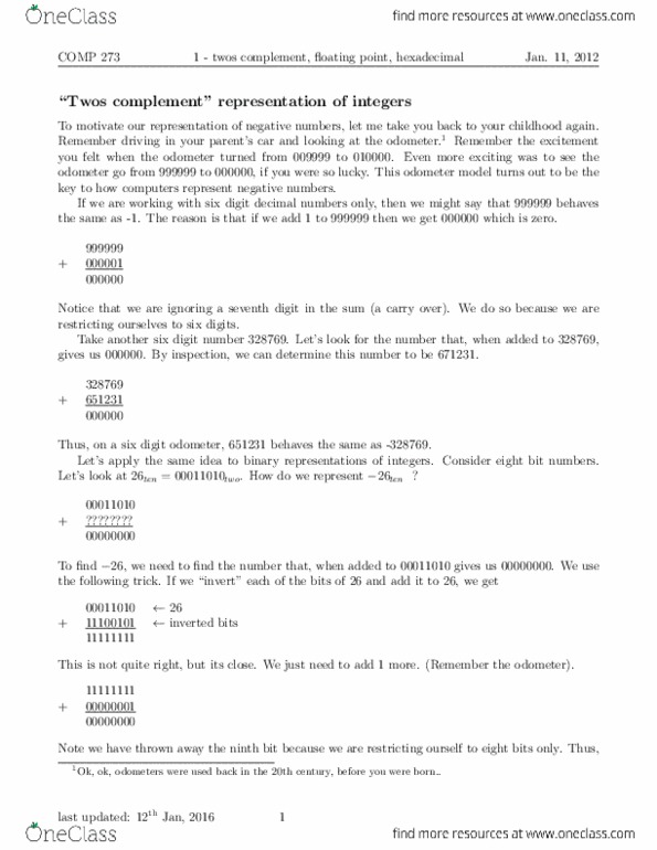 COMP 273 Lecture Notes - Lecture 1: Floating Point, Signed Number Representations, Odometer thumbnail