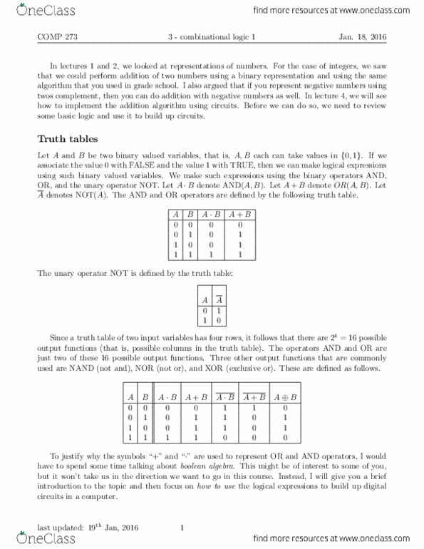 COMP 273 Lecture Notes - Lecture 3: Xor Gate, Bell Labs, Or Gate thumbnail