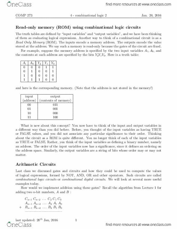 COMP 273 Lecture Notes - Lecture 4: Combinational Logic, Logic Gate, Memory Address thumbnail