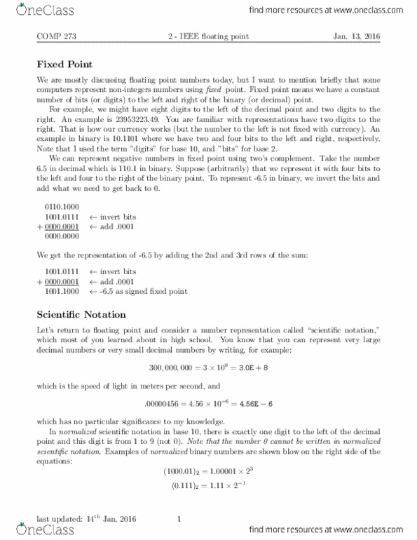 COMP 273 Lecture Notes - Lecture 2: Normalized Number, Single-Precision Floating-Point Format, Decimal Mark thumbnail