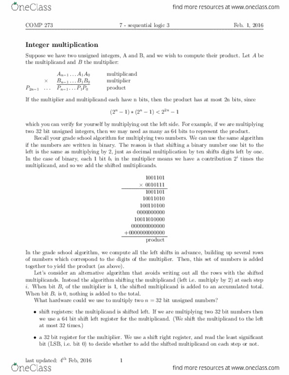 COMP 273 Lecture Notes - Lecture 7: Finite-State Machine, Normalized Number, Floating Point thumbnail