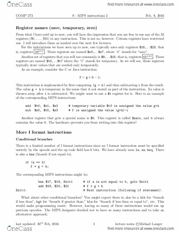 COMP 273 Lecture Notes - Lecture 9: Bit Manipulation, Exception Handling, Opcode thumbnail