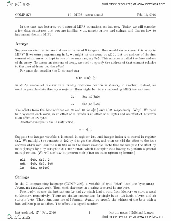 COMP 273 Lecture Notes - Lecture 10: Louisiana Baptist University, Data Segment, In C thumbnail