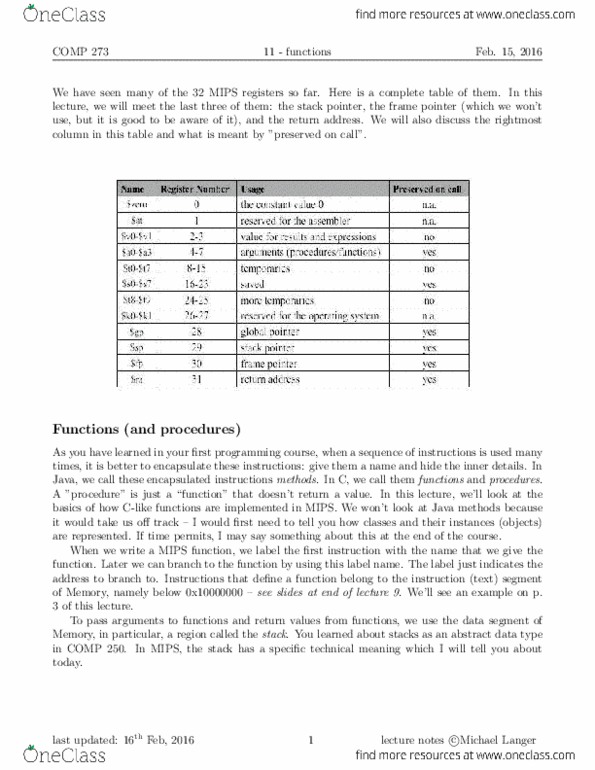 COMP 273 Lecture Notes - Lecture 11: High-Level Programming Language, C Dynamic Memory Allocation, Current Contents thumbnail