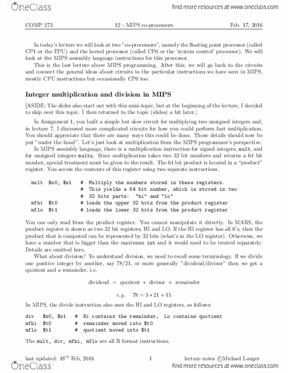 COMP 273 Lecture Notes - Lecture 12: Nan, Exception Handling, Program Counter thumbnail