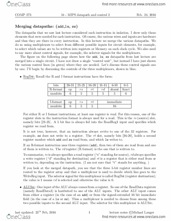 COMP 273 Lecture Notes - Lecture 14: Datapath, The Selector, Opcode thumbnail