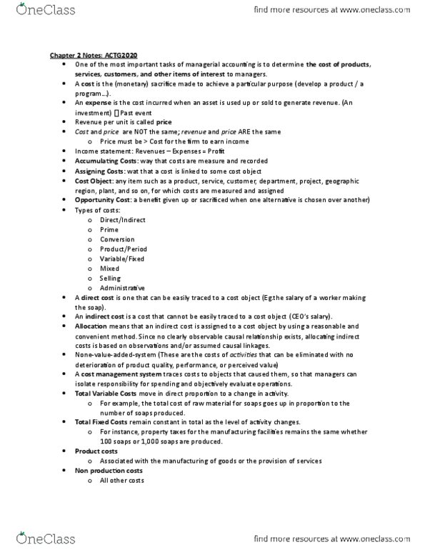 ACTG 2020 Chapter Notes - Chapter 2: Fixed Cost, Management Accounting, Opportunity Cost thumbnail