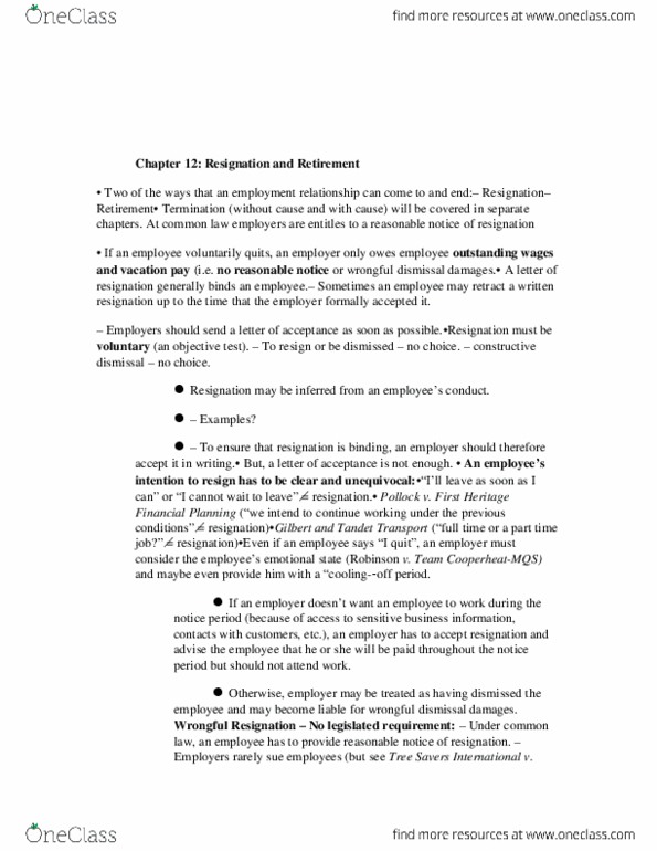 LAW 529 Lecture Notes - Lecture 5: Performance Management, Fide, Wrongful Dismissal thumbnail