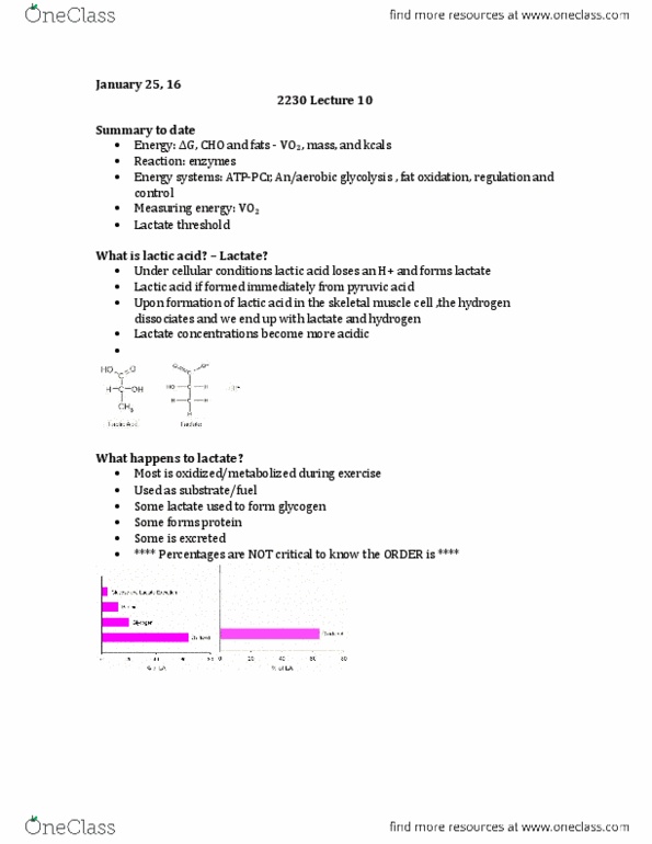 Kinesiology 2230A/B Lecture Notes - Lecture 10: Pyruvic Acid, Myoglobin, Lactate Threshold thumbnail