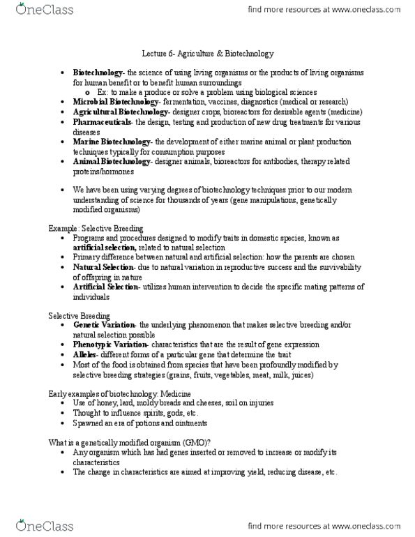 BIOL 1F26 Lecture Notes - Lecture 6: Genetically Modified Organism, List Of Domesticated Animals, Selective Breeding thumbnail