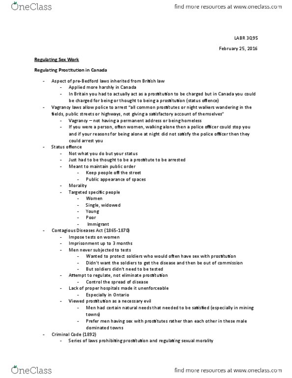 LABR 3Q95 Lecture Notes - Lecture 7: Contagious Diseases Acts, Sex Worker, Brothel thumbnail