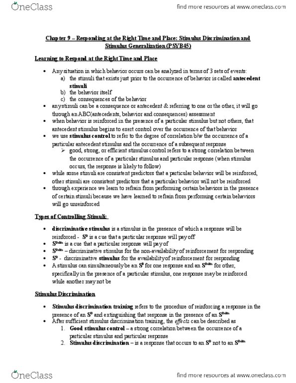 PSYB45H3 Chapter Notes - Chapter 9: Equivalence Class, Stimulus Control, Delta Ii thumbnail