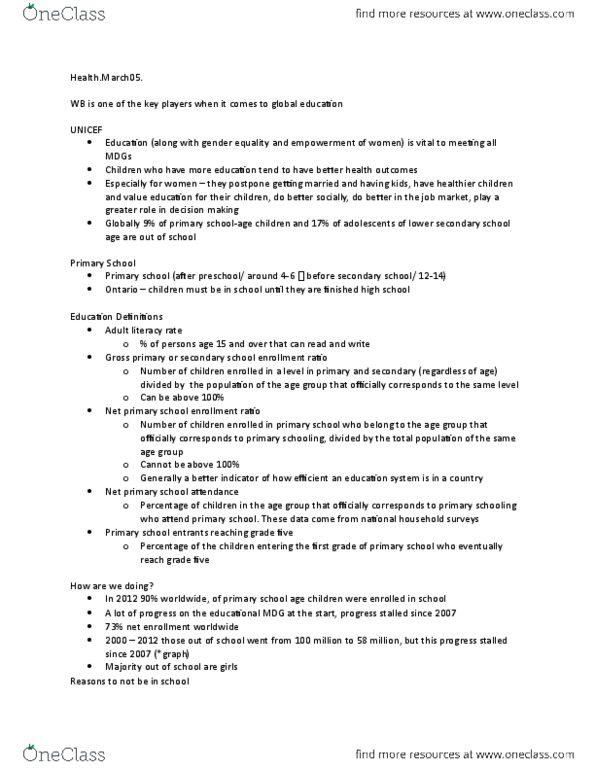 DVM 2110 Lecture Notes - Lecture 3: Millennium Development Goals, World Education Forum, Education For All thumbnail