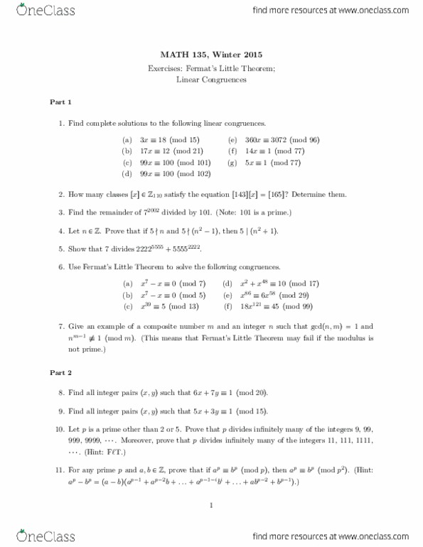 MATH135 Lecture 14: Exercises - Fermat, Linear Congruences thumbnail