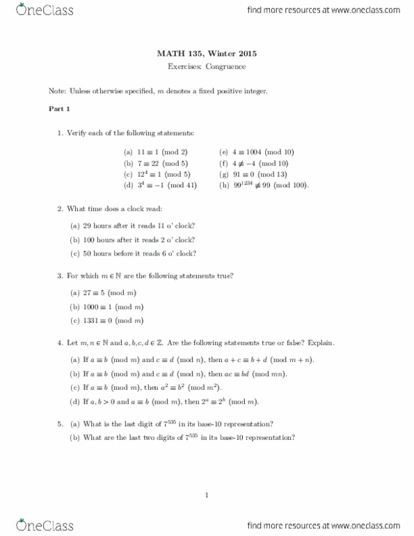 Math135 Lecture 16 Exercises Congruence Oneclass