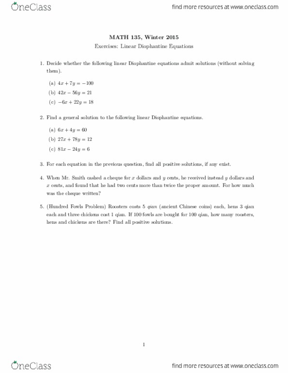 MATH135 Lecture 3: Exercises - Linear Diophantine Equations thumbnail