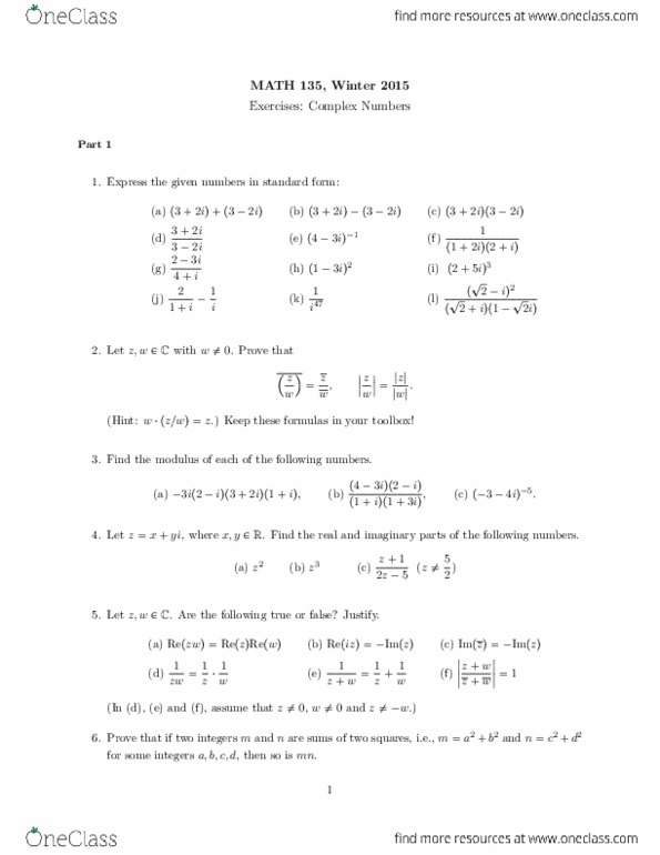 MATH135 Lecture 9: Exercises - Complex numbers thumbnail