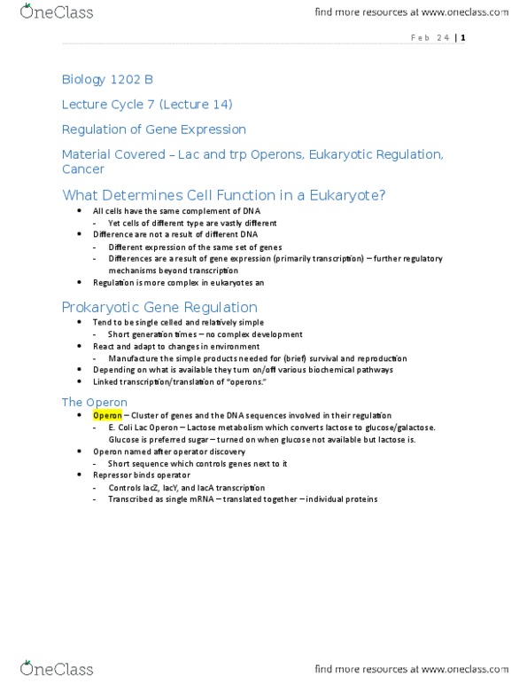 Biology 1002B Lecture Notes - Lecture 14: Lac Repressor, Operon, Allolactose thumbnail