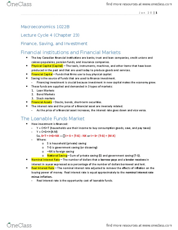 Economics 1022A/B Lecture Notes - Lecture 4: Loanable Funds, Nominal Interest Rate, Real Interest Rate thumbnail