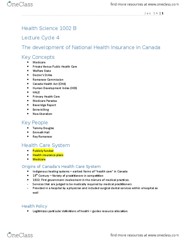 Health Sciences 1002A/B Lecture Notes - Lecture 4: Canada Health Act, Roy Romanow, Canada Health Transfer thumbnail
