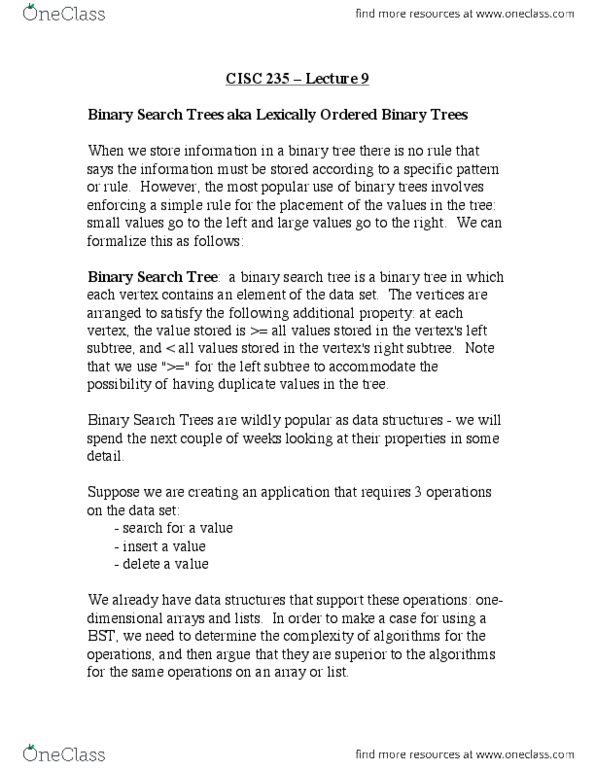 CISC 235 Lecture Notes - Lecture 9: Binary Search Tree, Search Algorithm, Binary Tree thumbnail
