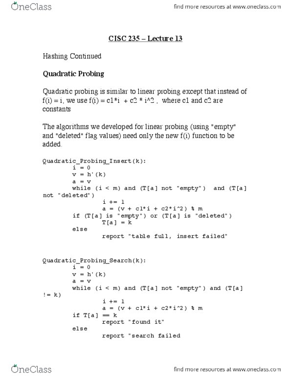 CISC 235 Lecture Notes - Lecture 13: Quadratic Probing, Linear Probing, Hash Table thumbnail