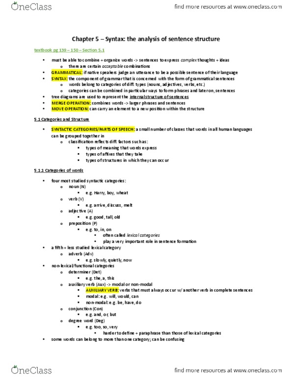 LIN100Y1 Chapter Notes - Chapter 5: Part Of Speech, Complementizer, Subcategorization thumbnail