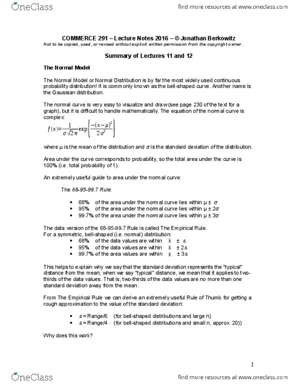 COMM 291 Lecture Notes - Lecture 11: Binomial Distribution, Probability Distribution, Standard Deviation thumbnail