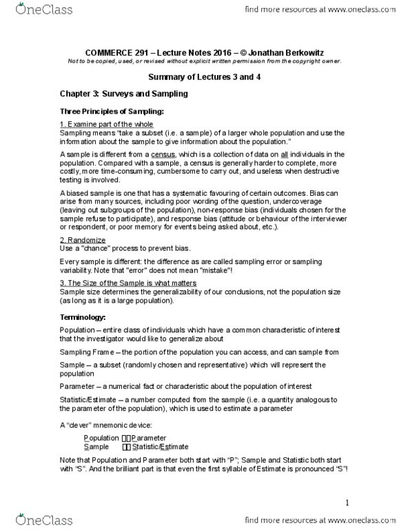 COMM 291 Lecture Notes - Lecture 2: Pie Chart, Bar Chart, Cluster Sampling thumbnail