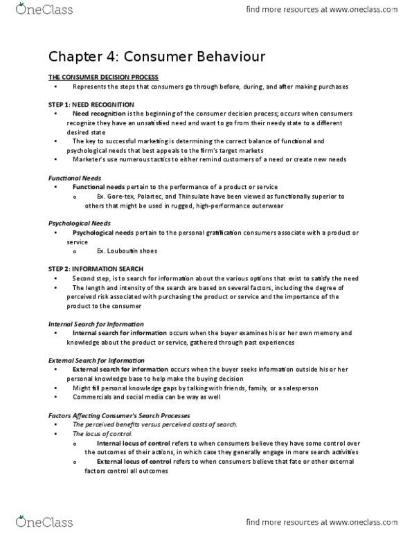 MKT 100 Chapter Notes - Chapter 4: Personal Knowledge Base, Cognitive Dissonance, Decision Rule thumbnail